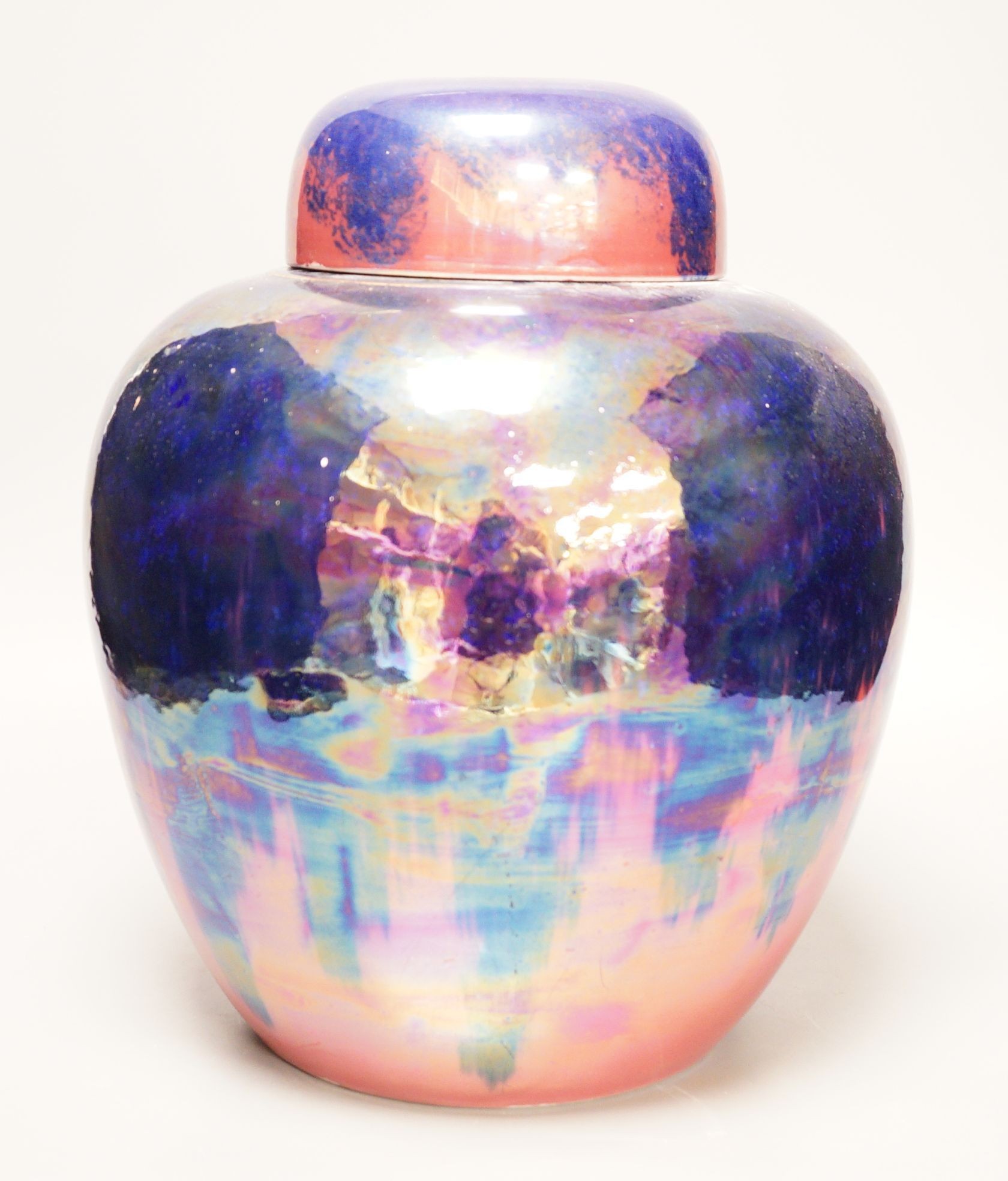 A large Carlton Ware pink and purple lustre ginger jar and cover, 32cm tall